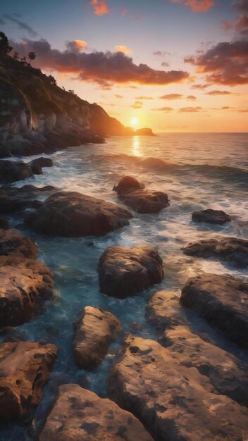 Le lever du soleil sur une côte rocheuse