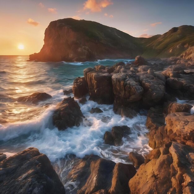 Le lever du soleil sur une côte rocheuse