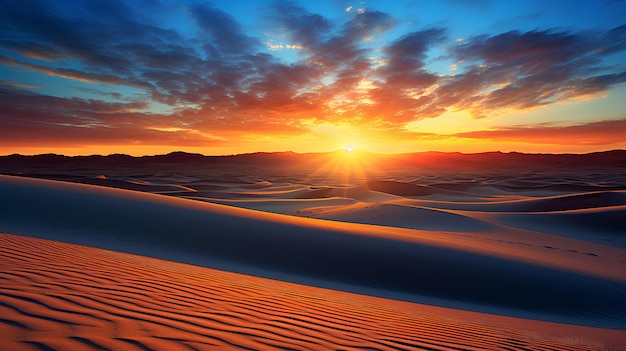 lever du soleil dans un désert avec des dunes colorées au premier plan