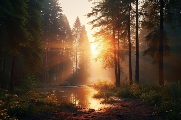 Photo le lever du soleil dans un fond esthétique forestier