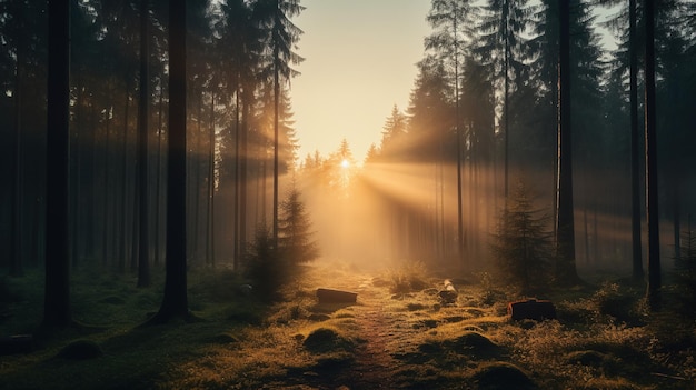 Le lever du soleil dans la forêt brumeuse