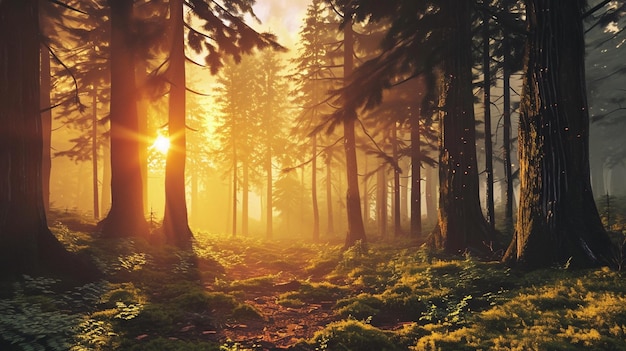 Le lever du soleil dans la forêt fantastique