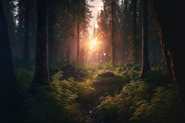 Lever du soleil dans une forêt fond d'écran esthétique fond d'écran magique de sorcellerie généré par l'IA