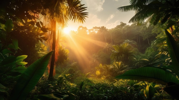 Lever du soleil dans la forêt tropicale de la jungle, vue à travers les palmiers tropicaux et le feuillage luxuriant des fougères Belle matinée ensoleillée dans la forêt magique Paysage naturel exotique avec de merveilleux paysages majestueux