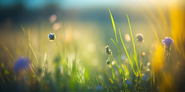 Lever du soleil dans la montagne blured Meadow avec beaucoup de fleurs en journée ensoleillée dans la forêt en gros plan avec l'IA générative de l'espace