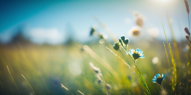 Lever du soleil dans la montagne blured Meadow avec beaucoup de fleurs en journée ensoleillée dans la forêt en gros plan avec l'IA générative de l'espace