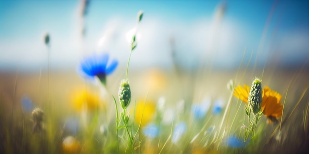 Lever du soleil dans la montagne blured Meadow avec beaucoup de fleurs en journée ensoleillée dans la forêt en gros plan avec l'IA générative de l'espace