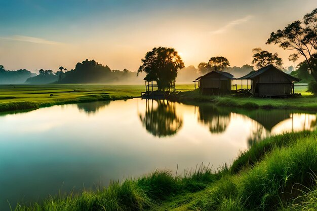 Le lever du soleil dans les rizières