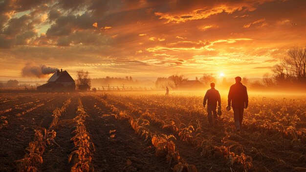 Le lever du soleil doré sur les terres agricoles gelées avec des figures