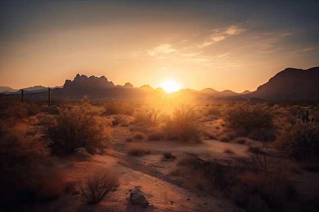 Lever du soleil du désert avec des montagnes majestueuses en arrière-plan
