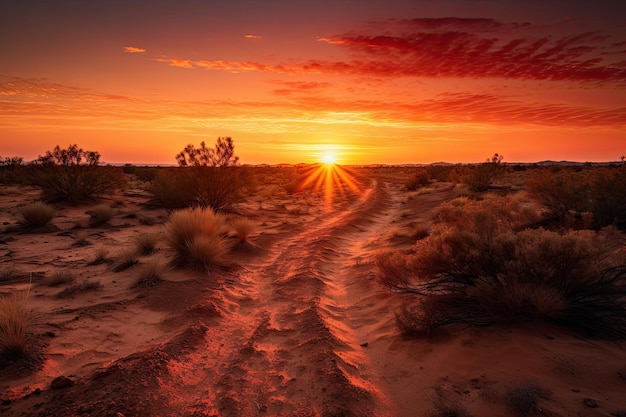 Lever du soleil du désert avec des teintes orange et rouges qui s'étendent à l'horizon