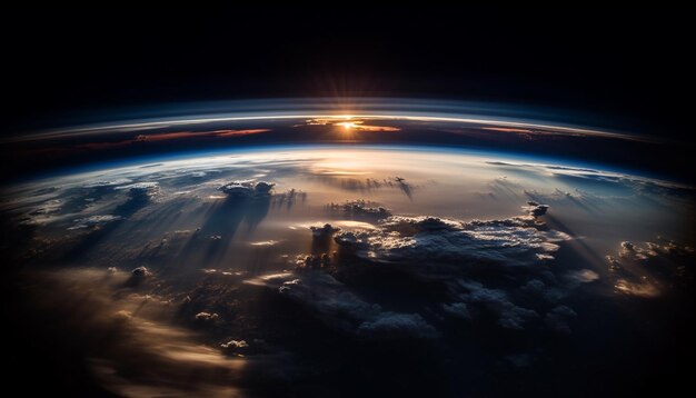 Le lever du soleil éclaire un paysage montagneux tranquille depuis un avion généré par l'IA