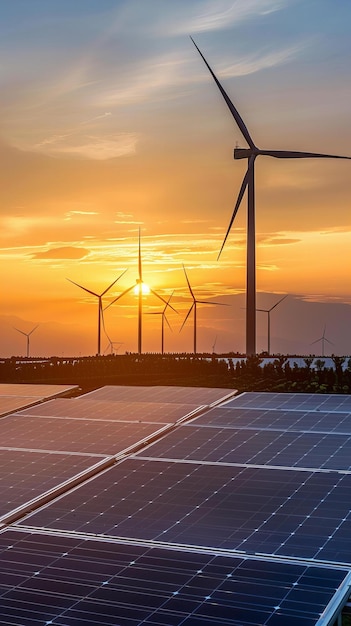 Le lever du soleil entre les éoliennes au-dessus des panneaux solaires Énergie respectueuse de l'environnement