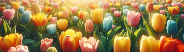 Le lever du soleil sur la ferme de tulipes multicolores au fond du printemps de Pâques