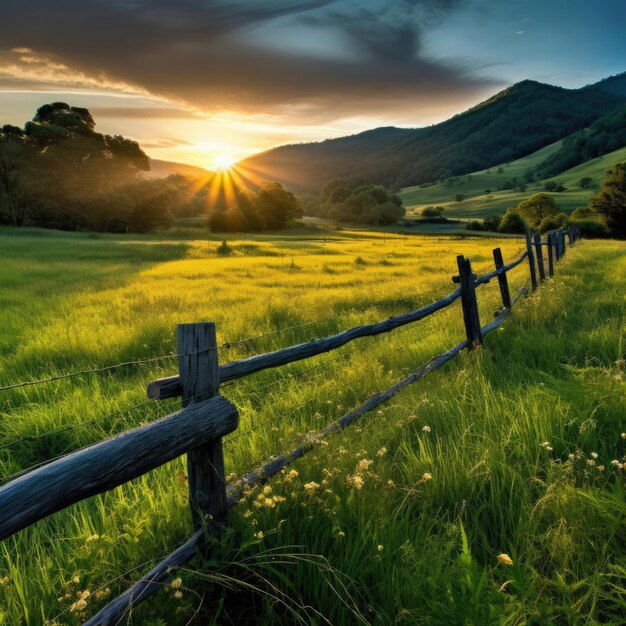 Photo le lever du soleil sur le fond d'un champ d'herbe