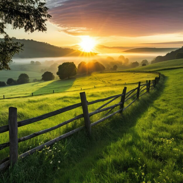 Le lever du soleil sur le fond d'un champ d'herbe