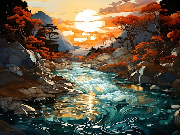 Lever du soleil sur une forêt avec illustration de fond de rivière et de montagnes