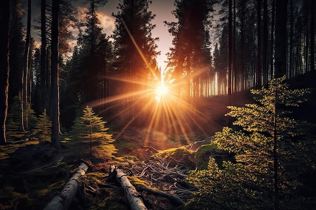 Lever du soleil en forêt avec le soleil jetant un coup d'œil à l'horizon créé avec une IA générative