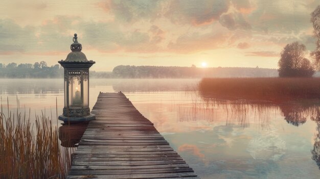 Photo le lever du soleil sur un lac brumeux vu depuis une jetée en bois avec une lanterne ornée symbolisant l'espoir et la tranquillité