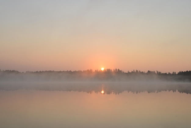 Lever du soleil sur le lac Lac de la forêt tôt le matin en été Paysage printanier brumeux