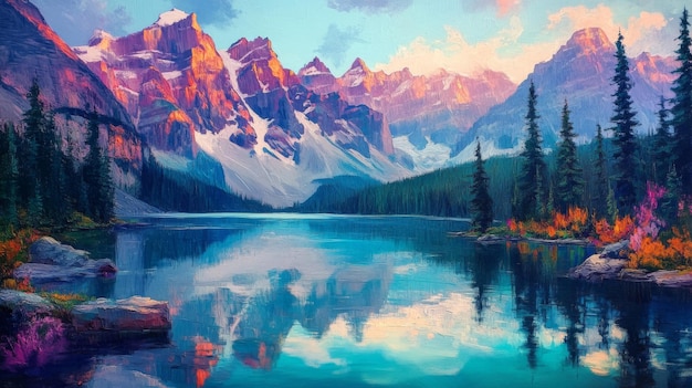Le lever du soleil sur le majestueux lac de montagne reflète la sérénité