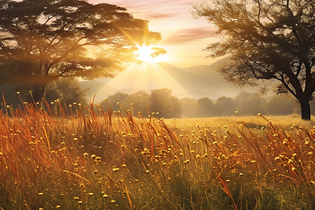 Le lever du soleil le matin avec un champ d'herbe dorée et des arbres en arrière-plan