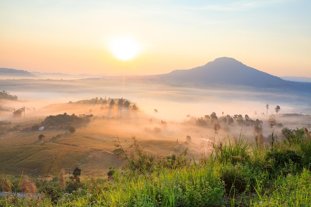 Lever du soleil matinal brumeux au point de vue de Khao Takhian Ngo à Khaokho PhetchabunThailandxAxA