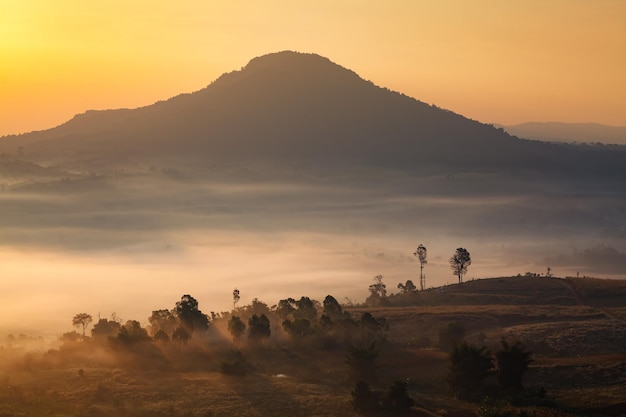 Lever du soleil matinal brumeux à Khao Takhian Ngo View Point à Khaokho PhetchabunThailand