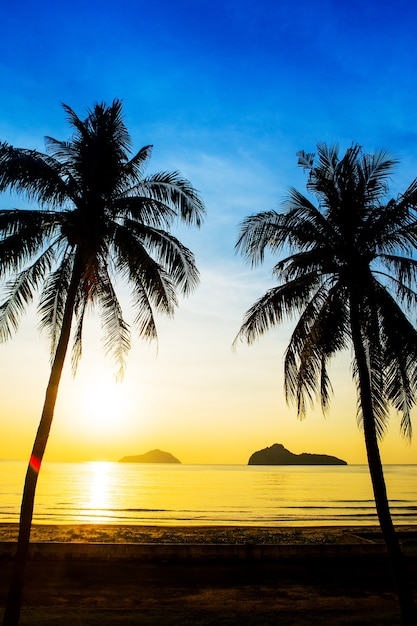 Lever du soleil en mer avec des îles et des cocotiers.