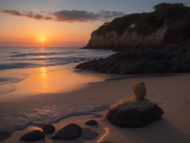 Photo le lever du soleil sur la mer la pierre au premier plan
