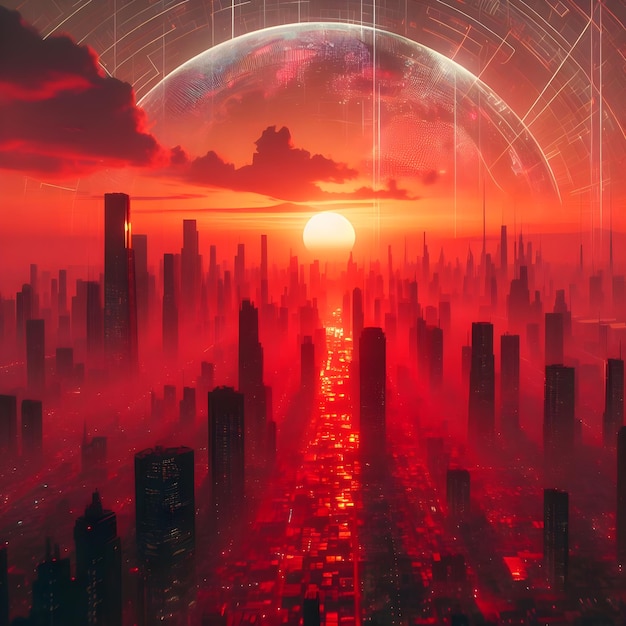 Le lever du soleil sur la métropole futuriste