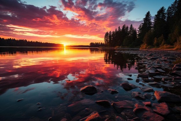 Le lever du soleil en miroir, les couleurs captivantes sur la surface du lac, une belle image du lever du soleil.