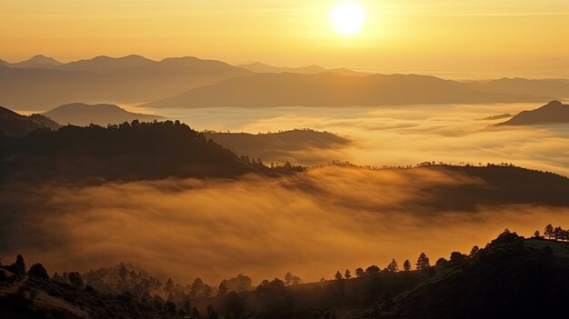 Le lever du soleil sur les montagnes brumeuses avec des rayons d'or et des arbres