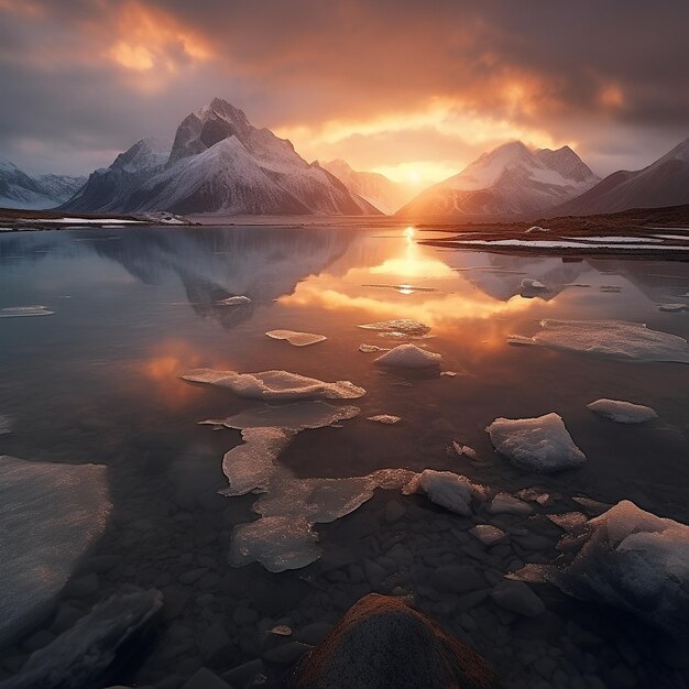 Le lever du soleil, les montagnes, les picks dans le lac de Bakckground.