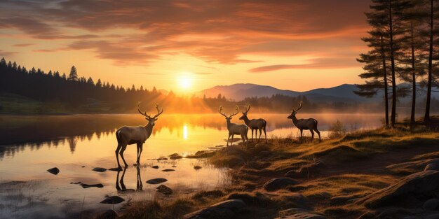 Photo le lever du soleil norvégien, la sérénité, le pâturage des cerfs, l'éclairage doux du matin, la beauté tranquille de
