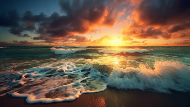 Le lever du soleil sur l'océan avec des couleurs vives remplissant le ciel et les vagues générées par l'IA
