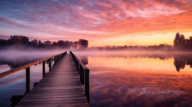 Photo le lever du soleil par une matinée brumeuse