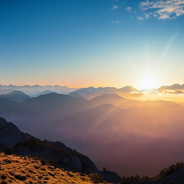 Lever du soleil parmi les hautes montagnes Dans un cadre pittoresque avec un ciel bleu