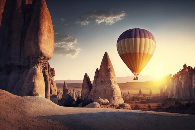 Lever du soleil sur le paysage en Cappadoce avec un ballon à air chaud coloré dans le ciel avec la lumière du soleil