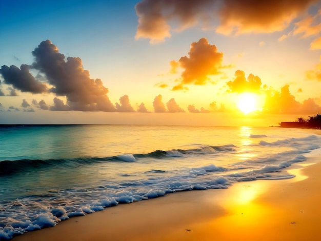 Le lever du soleil sur la plage sur la mer des Caraïbes