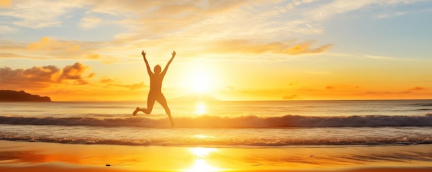 Le lever du soleil sur une plage avec une personne sautant