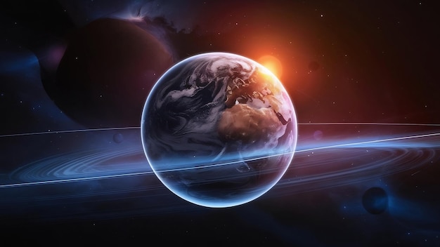 Le lever du soleil sur la planète Terre dans l'espace 3D