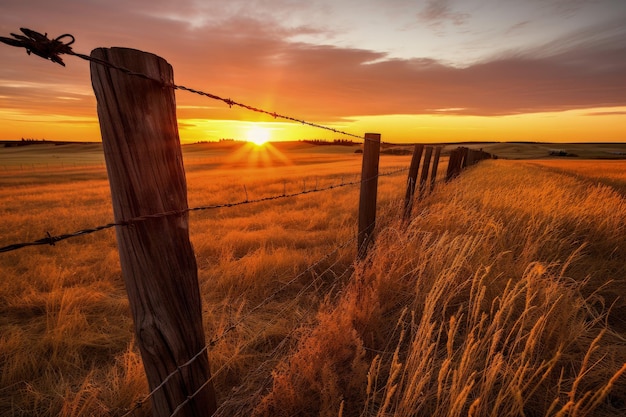 Lever du soleil sur les prairies des prairies de l'Alberta derrière une clôture en fil barbelé en bois