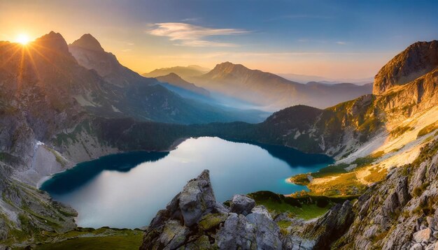 Le lever du soleil projette un reflet à couper le souffle sur le lac tranquille.