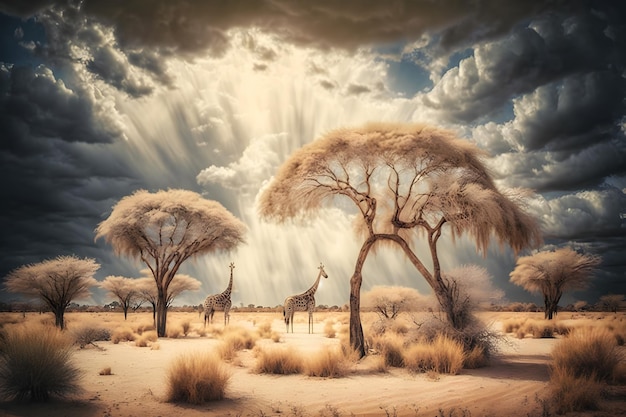Lever du soleil sur la savane et les champs d'herbe en Afrique du Sud avec ciel nuageux Réseau de neurones généré par l'IA