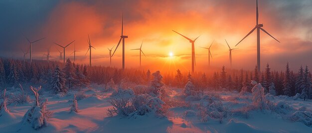 Le lever du soleil sur un terrain recouvert de gel photographié d'en haut avec des éoliennes