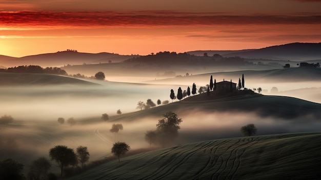 Lever du soleil en Toscane Une belle image du paysage brumeux de l'Italie