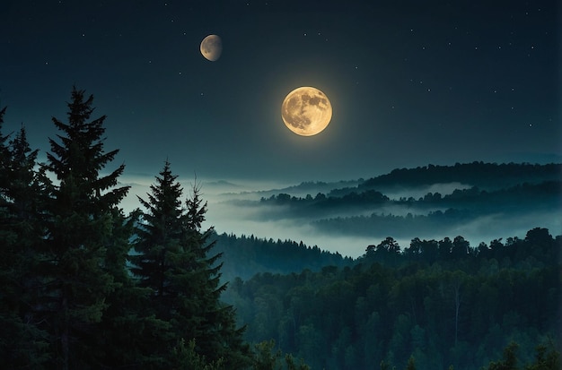 Le lever de la lune au-dessus d'une forêt brumeuse