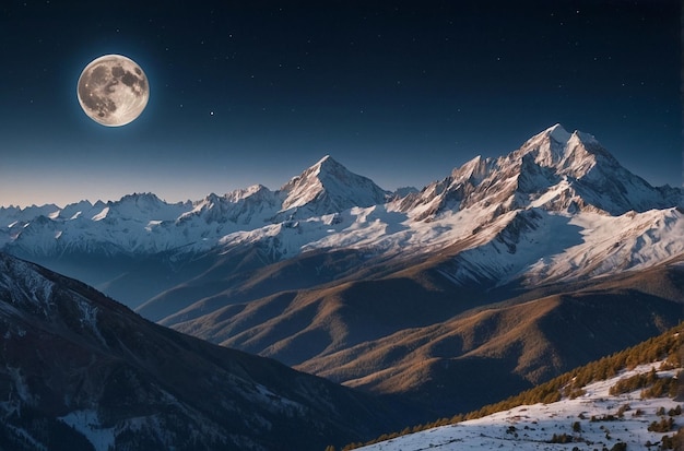 Le lever de la lune sur les montagnes enneigées