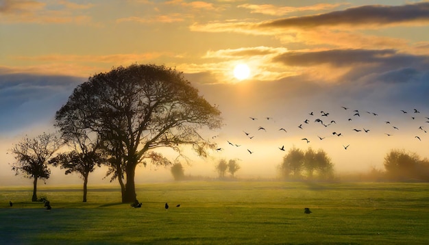 Photo le lever magique du soleil, les silhouettes des arbres et l'herbe verte